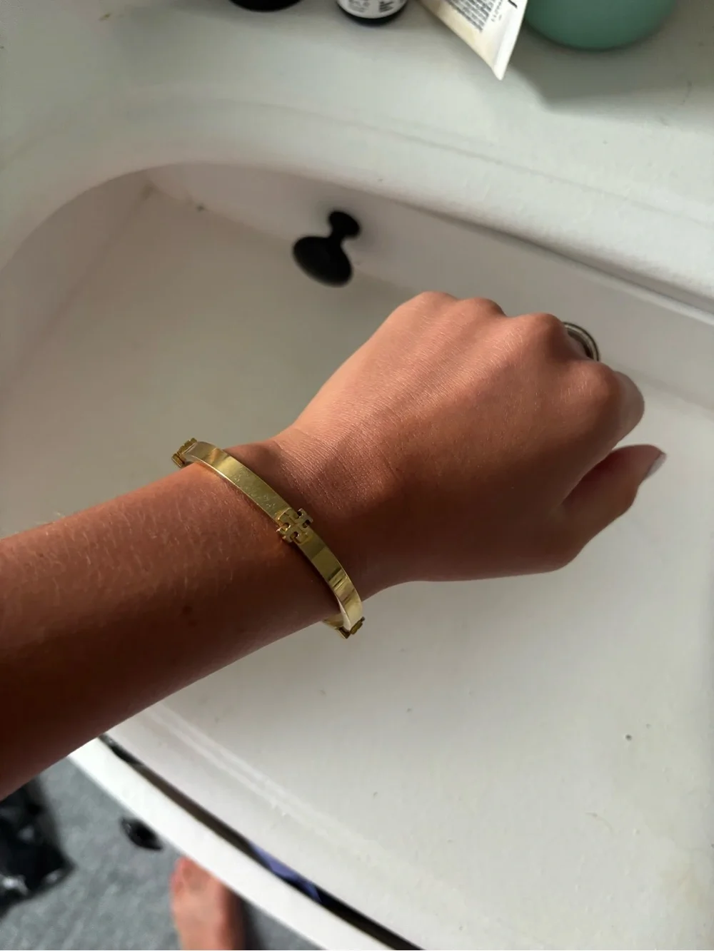 Tory Burch Gold-Tone Double Hinged Logo Bangle Bracelet